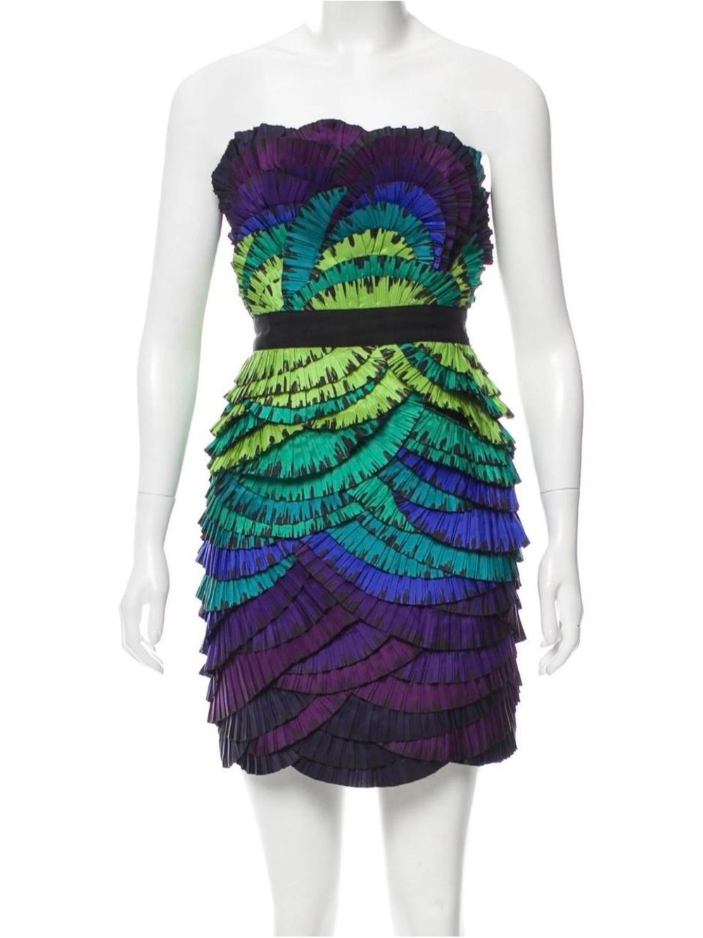 Diane Von Furstenberg Strapless Ruffled Cocktail Dress in Green, Teal & Purple